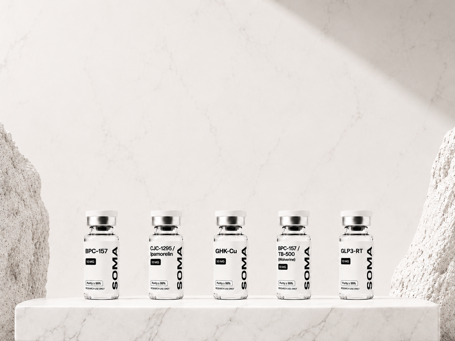 SOMA Research peptide vials on a stone pedestal